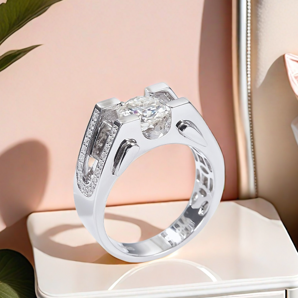 925 Sterling Silver Men's Wedding Ring, 2 CT D Color VVS1 Moissanite, Classic Design Engagement wedding Business scholar Boss Ring