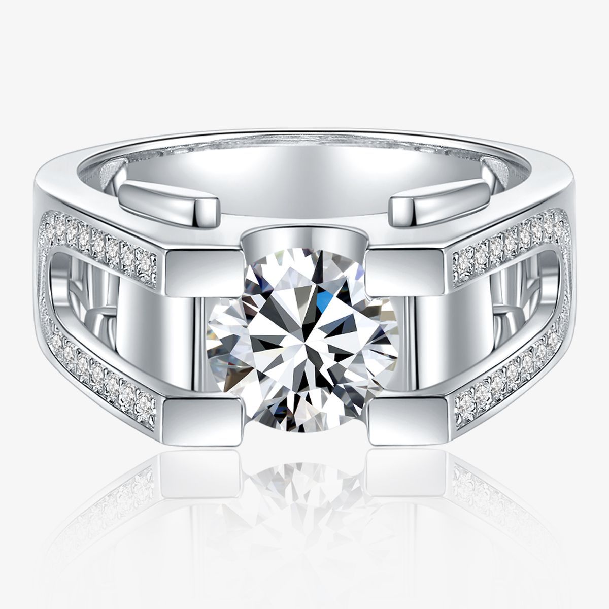 925 Sterling Silver Men's Wedding Ring, 2 CT D Color VVS1 Moissanite, Classic Design Engagement wedding Business scholar Boss Ring