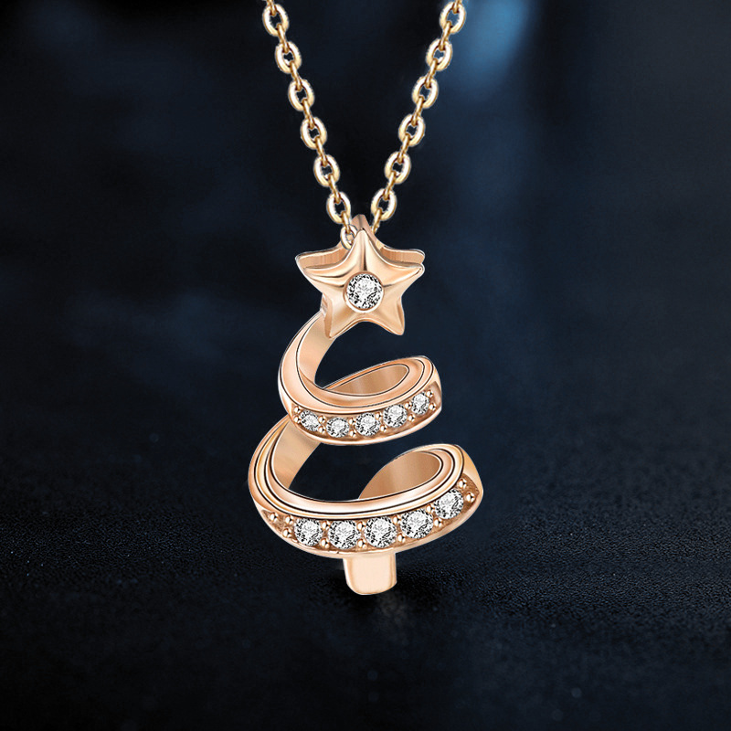 925 Sterling Silver Christmas Tree Necklace with Star Pendant | Holiday Jewelry Gift for Women | Cute Zircon Inlay Collarbone Chain