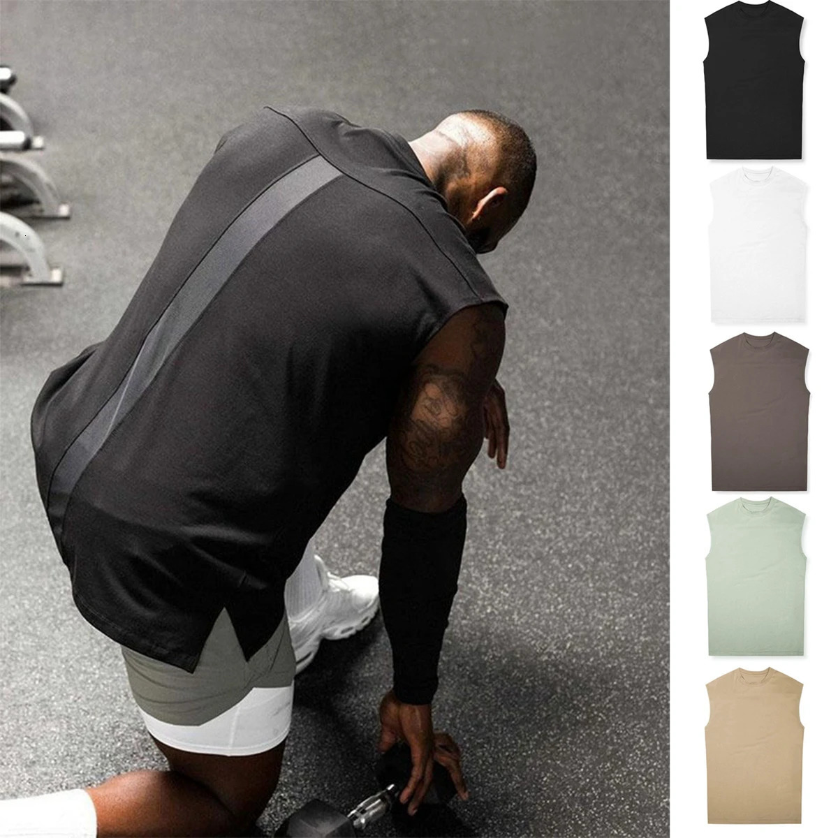 Mens cotton sleeveless loose vest gym fitness top exercise breathable Oneck casual oversized underwear 250430Z