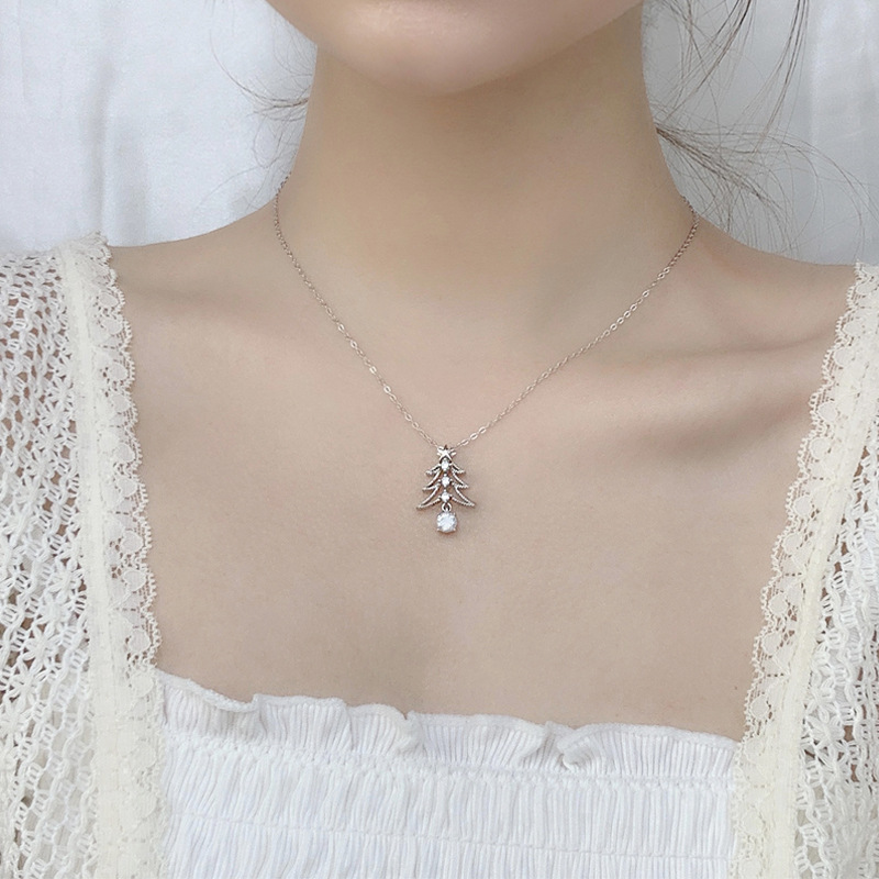 925 Sterling Silver Christmas Tree Pendant Necklace with Moissanite | Holiday Gift Jewelry for Women | Delicate Star Design