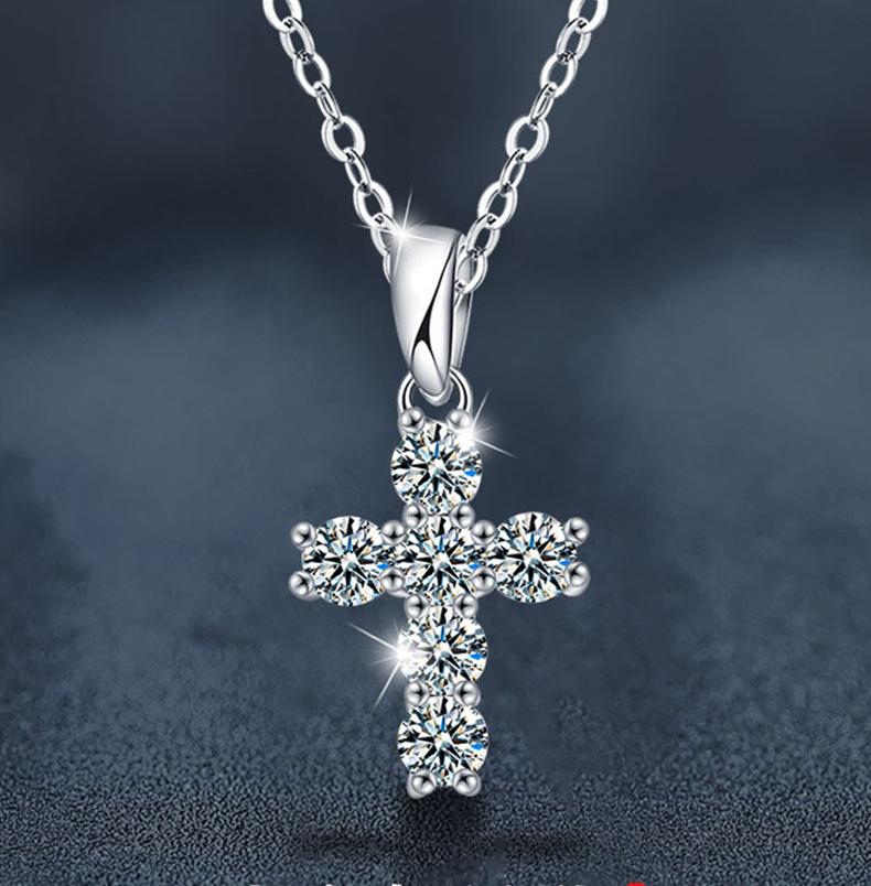 Classic Cross Moissanite Pendant Necklace - 925 Sterling Silver, Hypoallergenic, Elegant Religious Jewelry