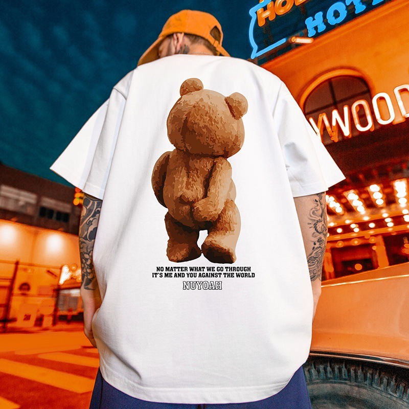 New Men's Pure Cotton T-shirt Designer Loose Bear Print Casual Short Sleeved Top Street Hip-hop Round Neck Summer Half Sleeve Couple T-shirt