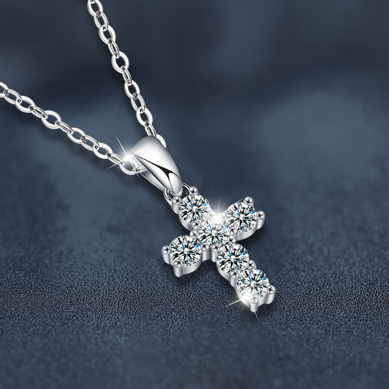 Classic Cross Moissanite Pendant Necklace - 925 Sterling Silver, Hypoallergenic, Elegant Religious Jewelry