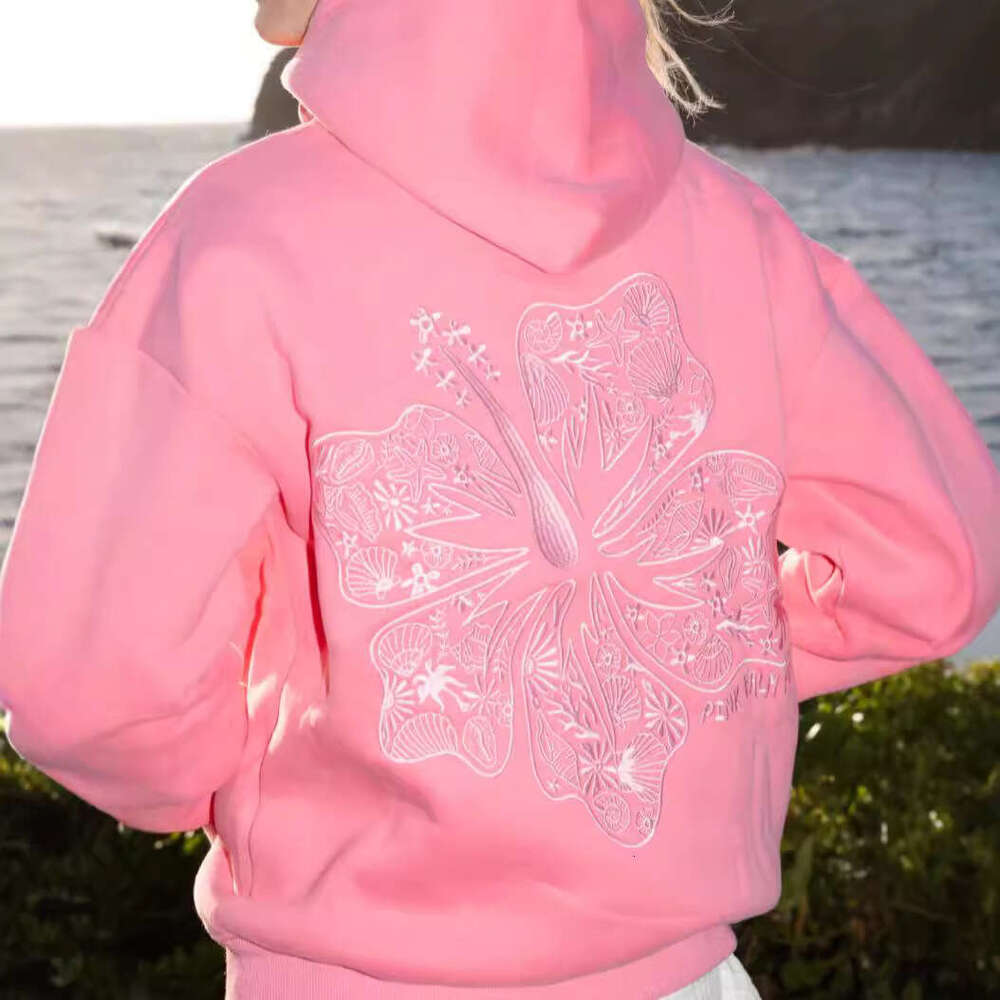 Women's Wear Hawaii Hibiscus Ins Women's Off Shoulder Sleeves Threaded Hoodie Print