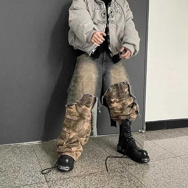 Vintage Ripped Fake Two Pieces Patchwork Camouflage Cargo Pants for Men Distressed Baggy Jeans Wide Leg Loose Denim Trousers W250506