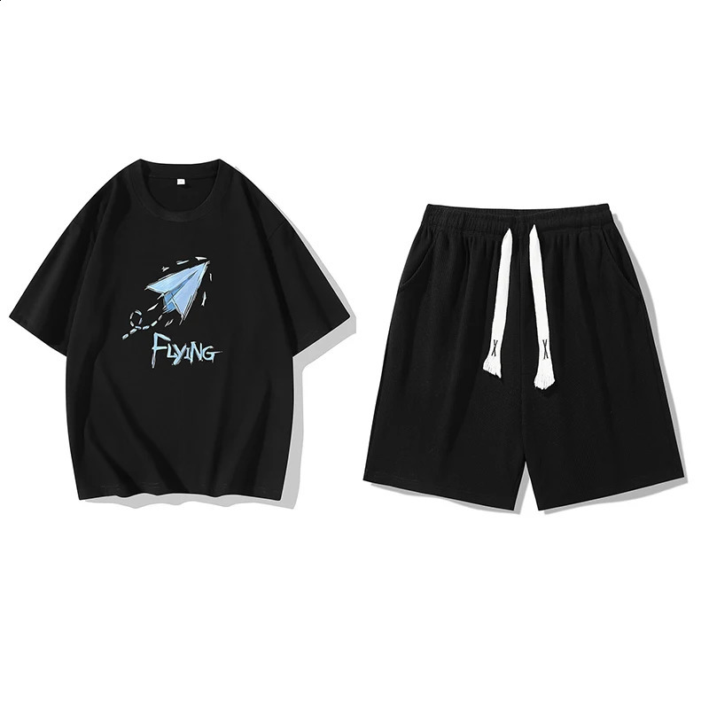 Mens casual summer clothing set white airplane graphic Tshirt and black drawstring shorts fashionable twopiece lounge combination 250430Z