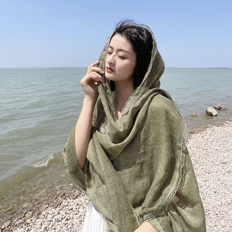 K632 Exquisite niche solid color shawl Dunhuang grassland sunshade sunscreen cotton linen desert grassland headscarf shawl photo long scarf