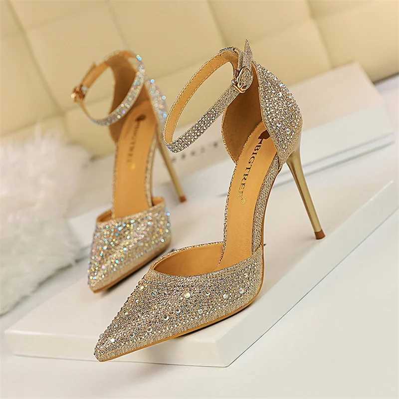 Womens Shallow Mouth Toe Hollow High Heel Sandals Wedding Champagne Gold Pump Crystal Sparkling Water Diamond Sandals M250506
