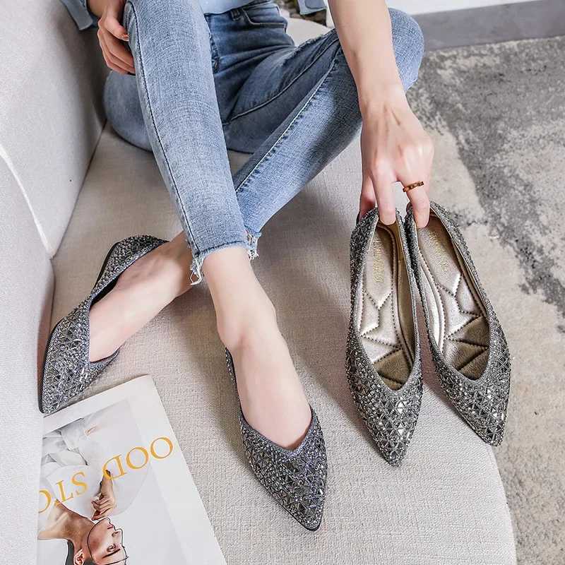 Autumn Womens Ballet Flats New Rhinestones Flat Leisure Loafers Female Plus Size 43 Slip on Boat Shoes Chaussure Femme M250506