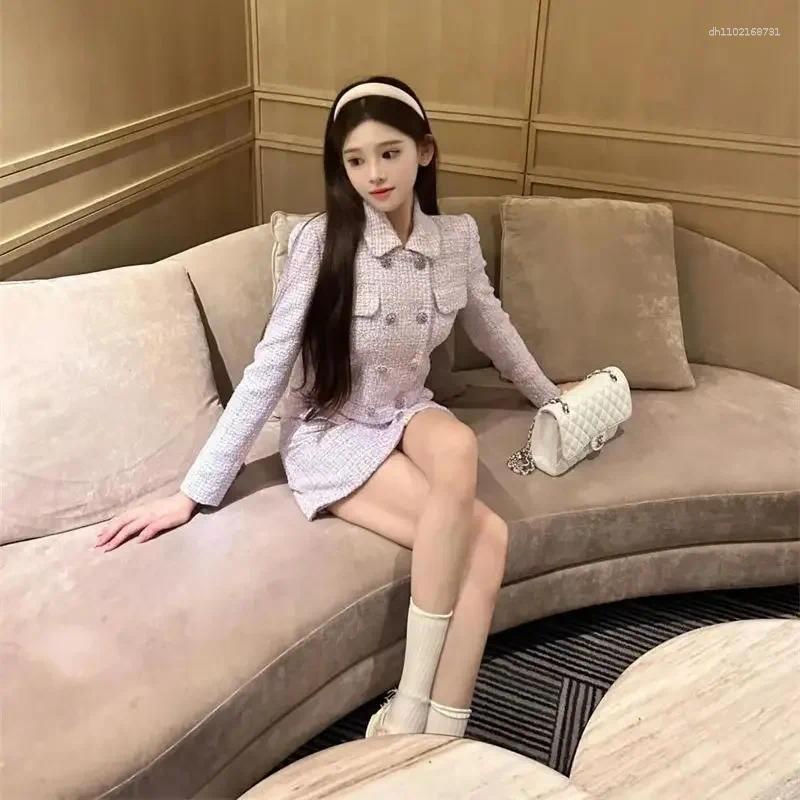 Work Dresses Luxury High End Tweed Women's Two Pieces Set Elegant Lapel Double Breasted Slim Short Coat Mini Skirt Fashion Suit