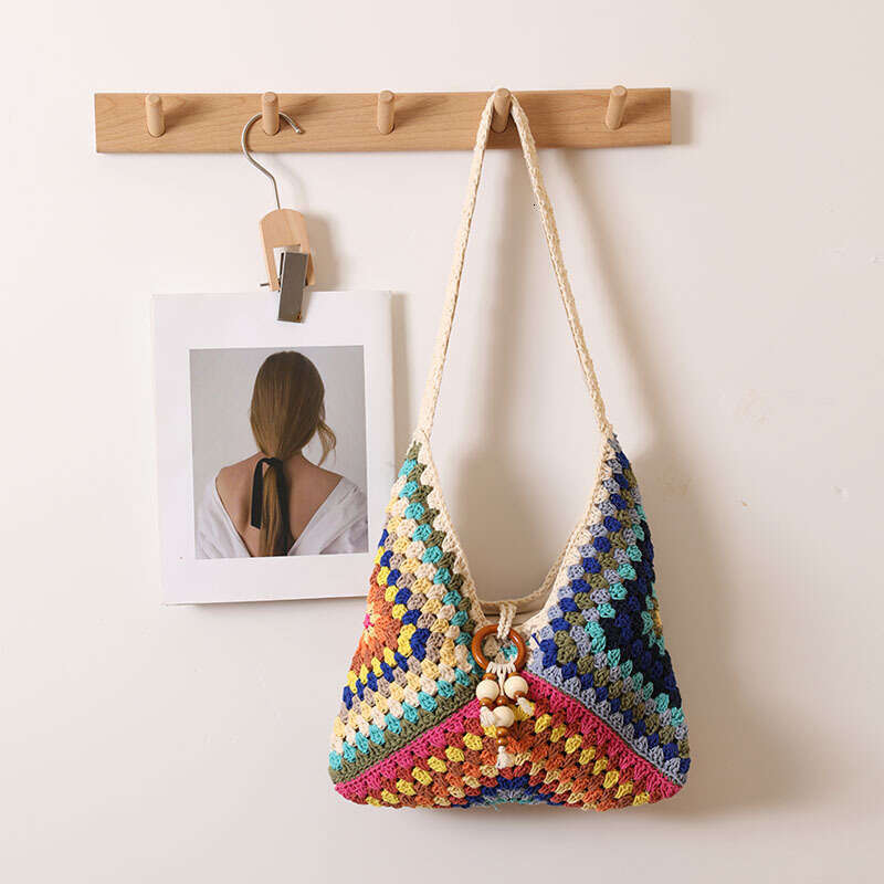 Summer Woven Bag Beach Bag Ethnic Single Shoulder Cotton Thread New Color Grandmother Grid Grass Woven Vacation Style Beach Bag Versatile Women S Bag 