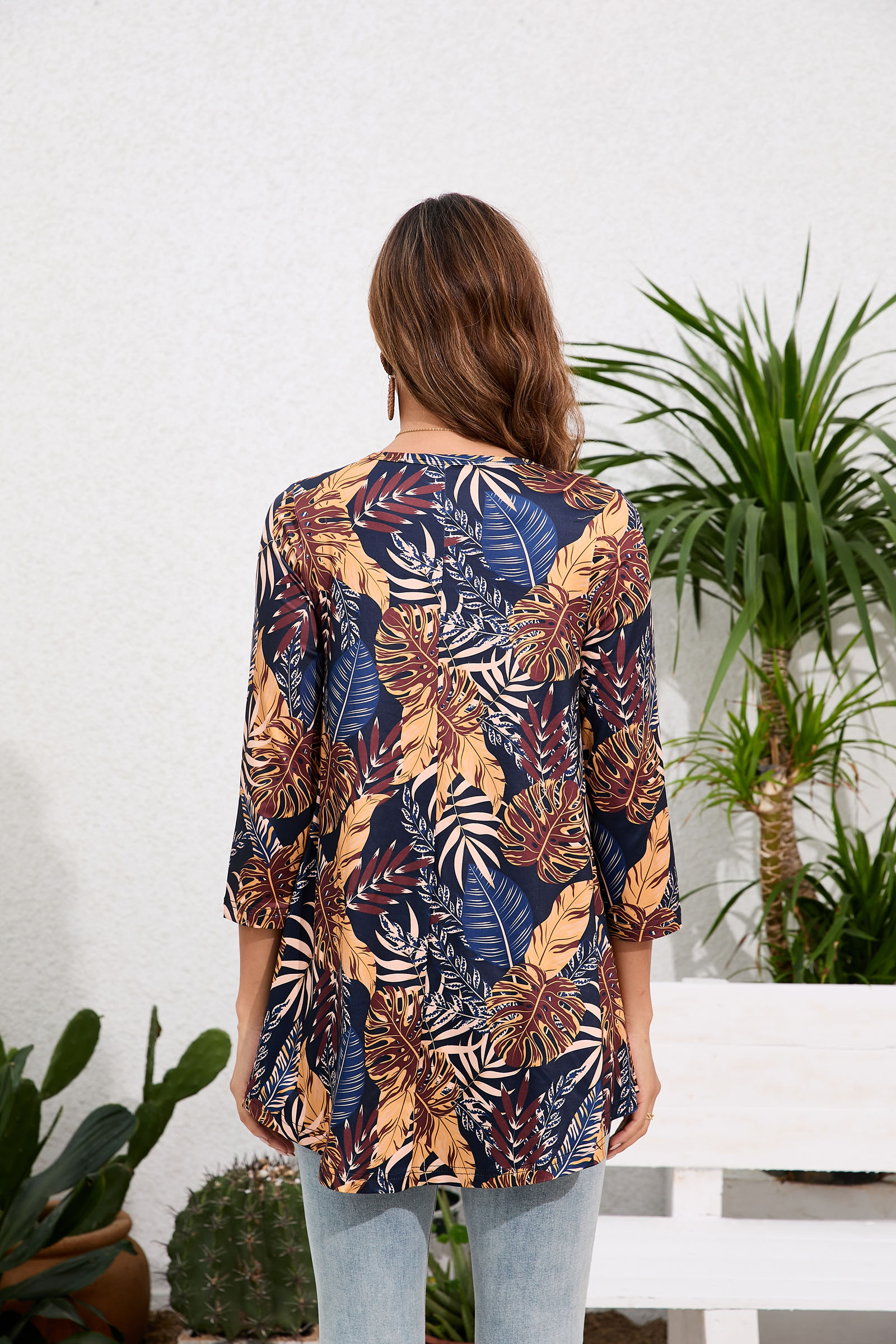Tunic Tops for Women Plus Size 3/4 Sleeve Crew Neck Swing Flare Loose T-Shirt Blouses to Wear with Leggings Plus Size Tops Navy Yellow Leaf