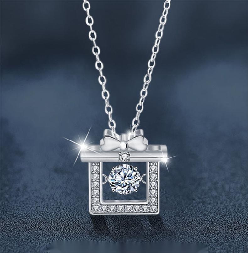 925 Sterling Silver Moissanite Gift Box Pendant Necklace | Elegant Bow Design Crystal Jewelry for Women Holiday Present