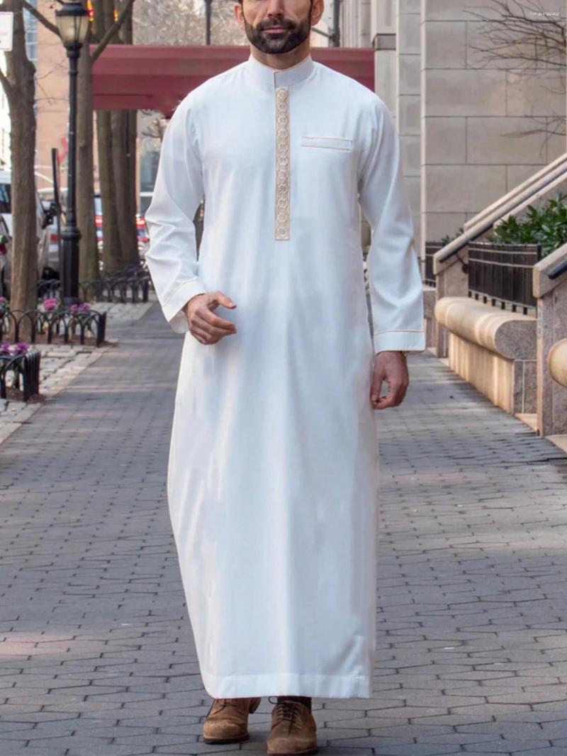 Ethnic Clothing Luxury Men's Islam Muslim Arab Robe Long Sleeve Embroidered Stand Collar Men Thobe
