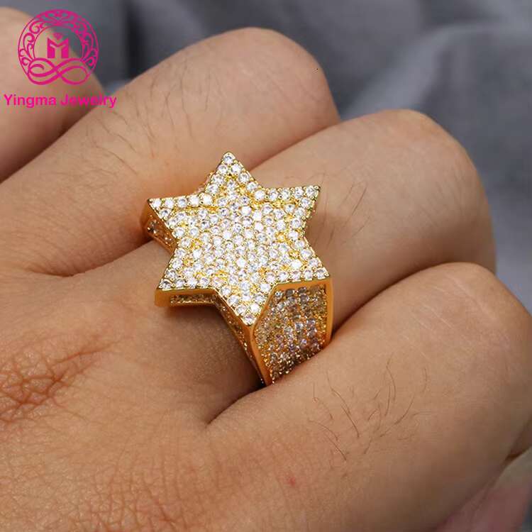 Custom Made Jewellery High End Luxury 14K Real Yellow Gold Iced Out Moissanite Hip Hop Star Ring for Men Wedding Engagement