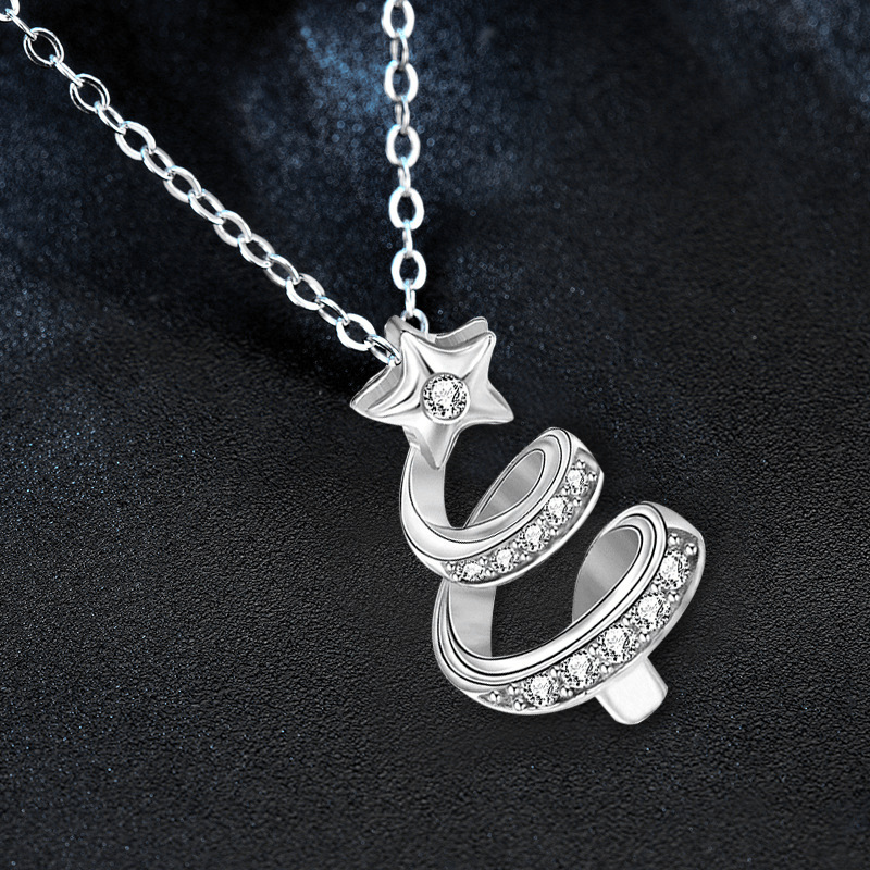 925 Sterling Silver Christmas Tree Necklace with Star Pendant | Holiday Jewelry Gift for Women | Cute Zircon Inlay Collarbone Chain