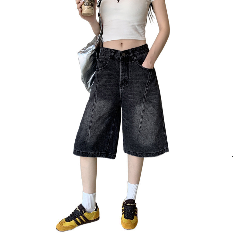 Black gray high waisted wide leg denim six quarter pants for women 241008