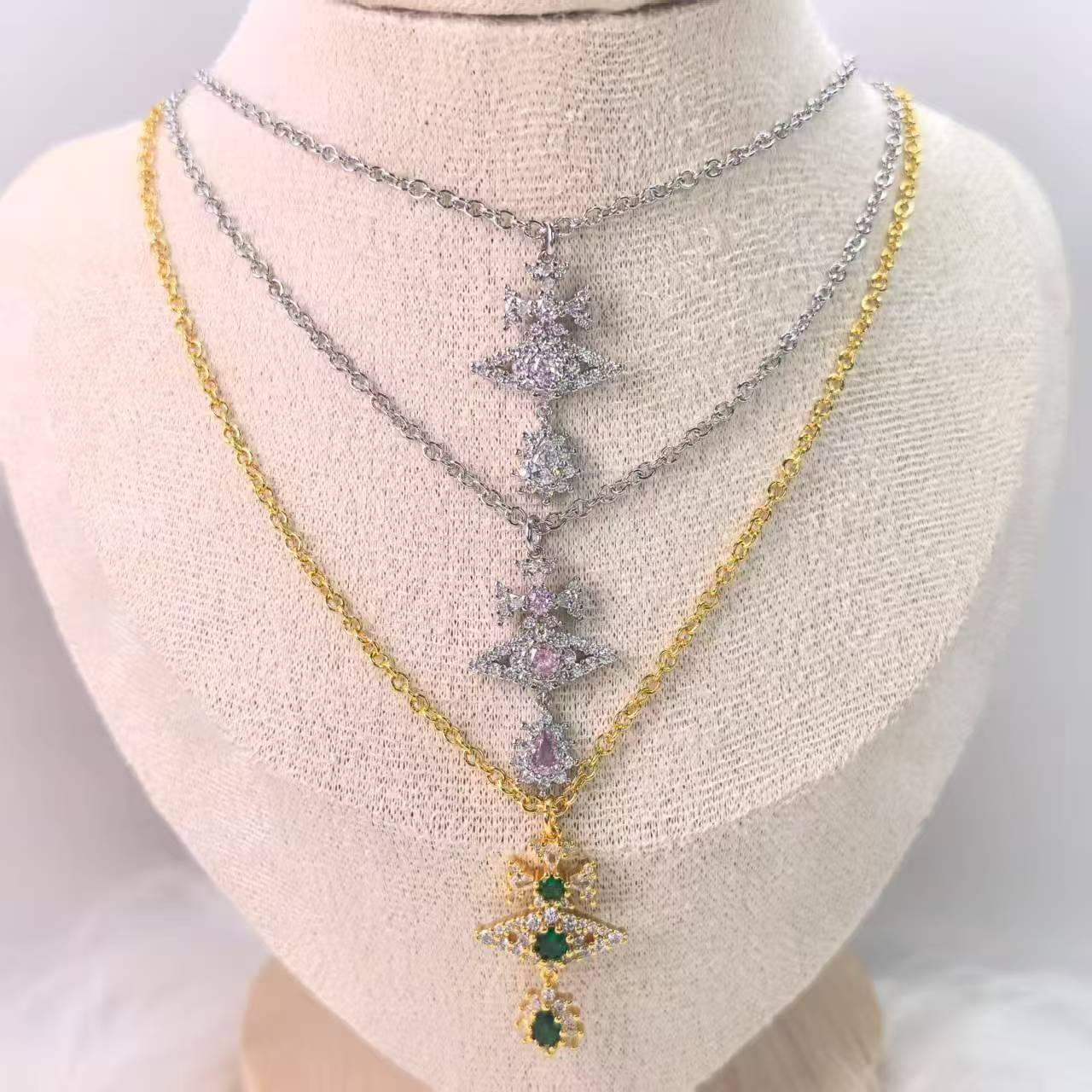 Designer Necklaces for Women,, 18k Gold Plated, Moissanite Accents, Colorful Saturn Design, Ideal for Royal Parties Weddings