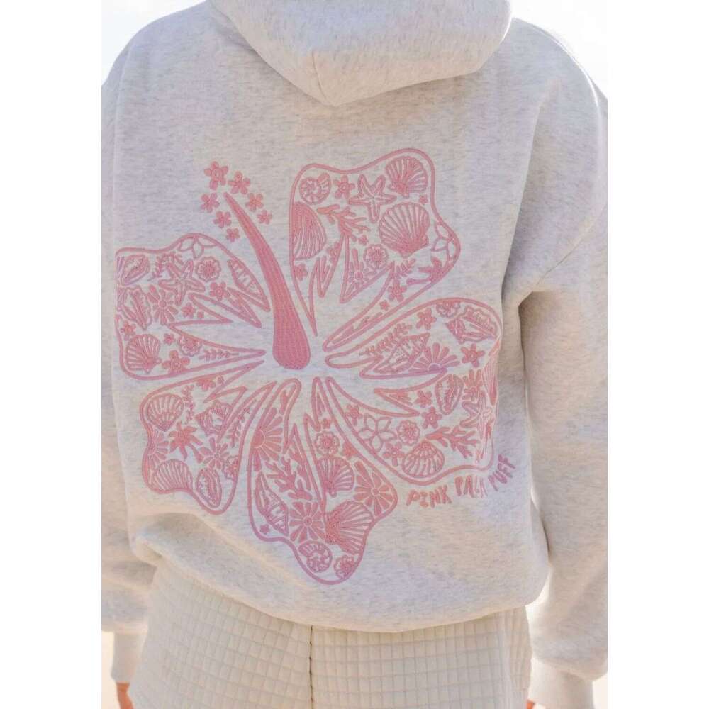Women's Wear Hawaii Hibiscus Ins Women's Off Shoulder Sleeves Threaded Hoodie Print