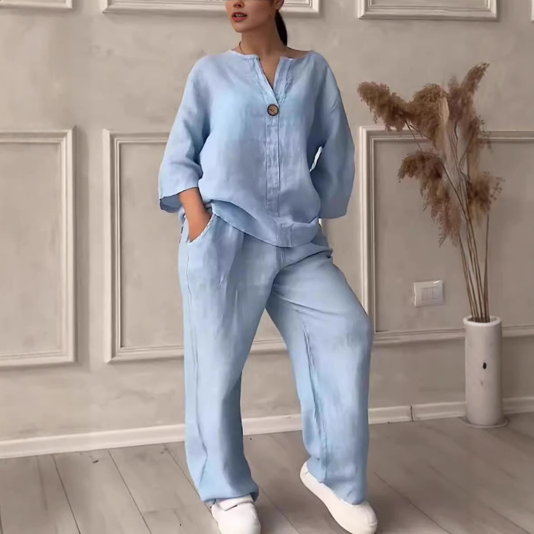 2025 summer V-neck long sleeved pants multi colored cotton and linen womens suit240830