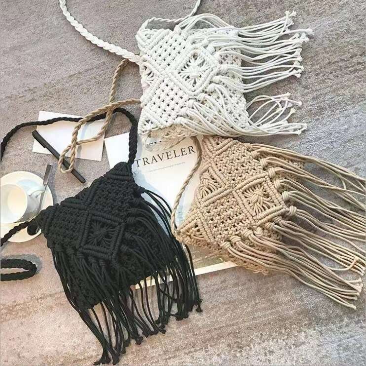 Summer Woven Bag Beach Bag Cotton Thread Crossbody Grass Ethnic Style Handmade Woven Bag Hollowed Out Tassel Fresh Korean Version Small Bag KQ KQ
