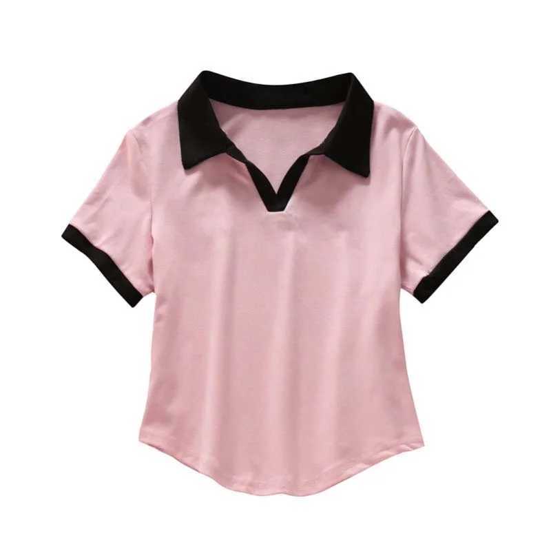 Streetwear fashion contrast color V-neck short sleeved polo shirt womens casual slim fit cotton polo shirt y2k top women M250506