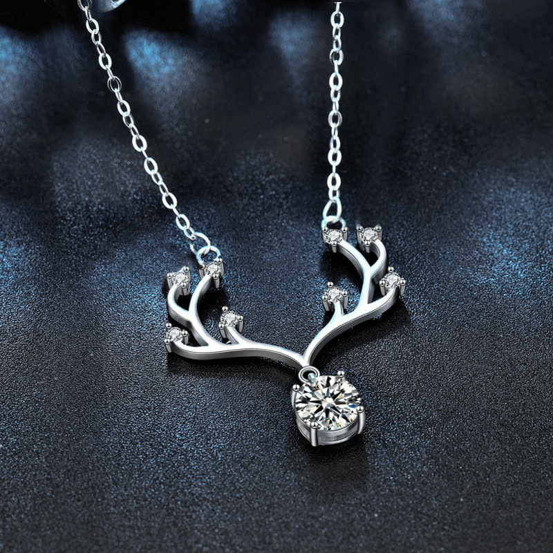 925 Sterling Silver Antler Pendant Necklace with Moissanite, Unique Christmas Gift for Women, Delicate Collarbone Chain Jewelry