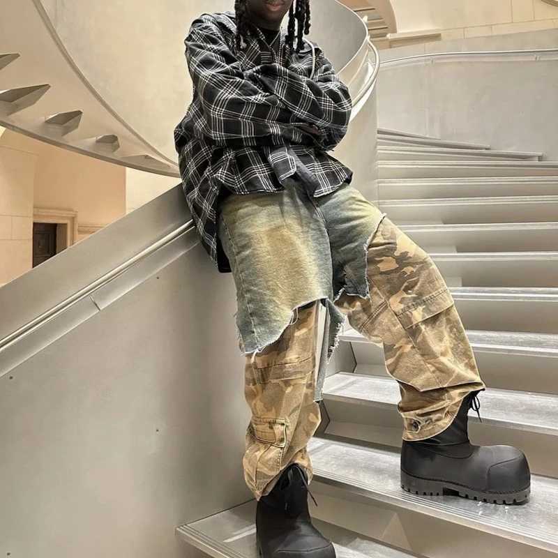 Vintage Ripped Fake Two Pieces Patchwork Camouflage Cargo Pants for Men Distressed Baggy Jeans Wide Leg Loose Denim Trousers W250506