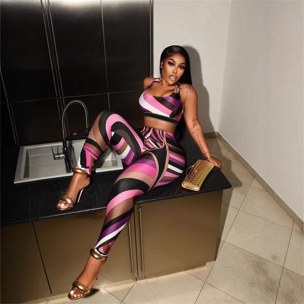 Women s Tracksuits BoozRey Multicolor Stripe Print Two Piece Set Women One Shoulder Bodysuit and High Waist Pencil Pants Matching 2023 230505