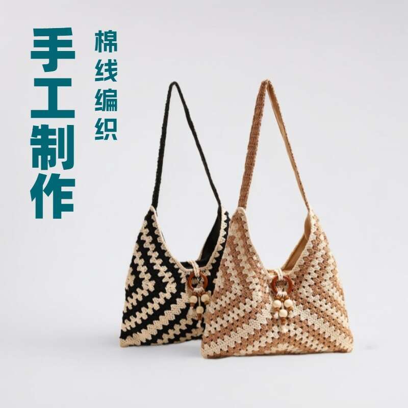 Summer Woven Bag Beach Bag Ethnic Single Shoulder Cotton Thread New Color Grandmother Grid Grass Woven Vacation Style Beach Bag Versatile Women S Bag 