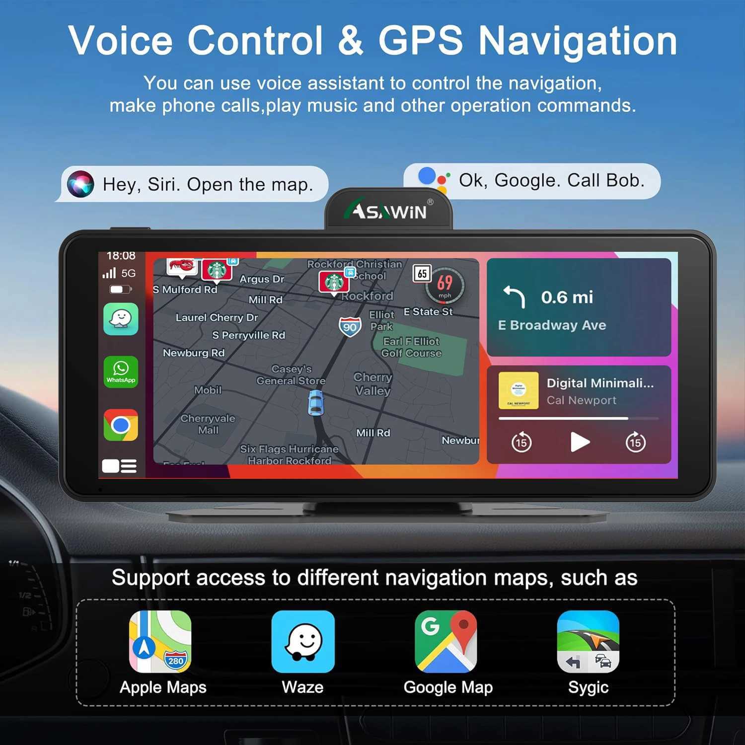 car dvr Wireless Carplay WIFI Bluetooth 4k Dash Cam Dual lens Asawin 6.86 HD Touch screen Voice control Siri Gps Navigation FM AUX R250506