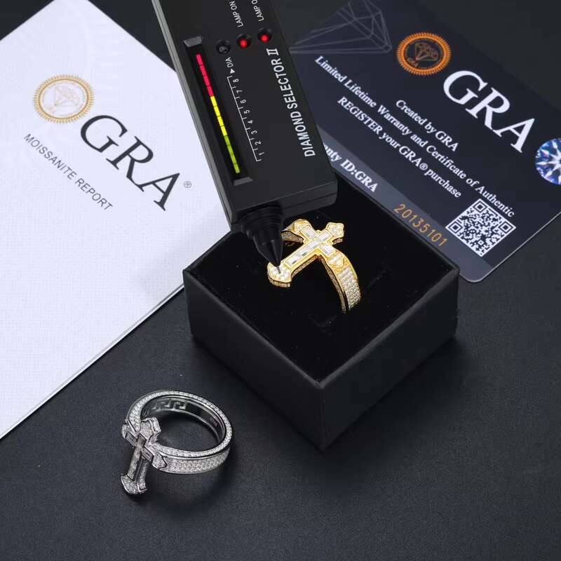 Fashion Moissanite Ring 925 Sterling Silver Baguette Diamond Cross Ring Sparkling Hip Hop Rappers Cross Jewelry Ring for Man