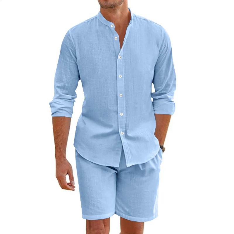 Summer mens loose casual linen breathable Hawaiian simple long sleeved shirt set 250430Z