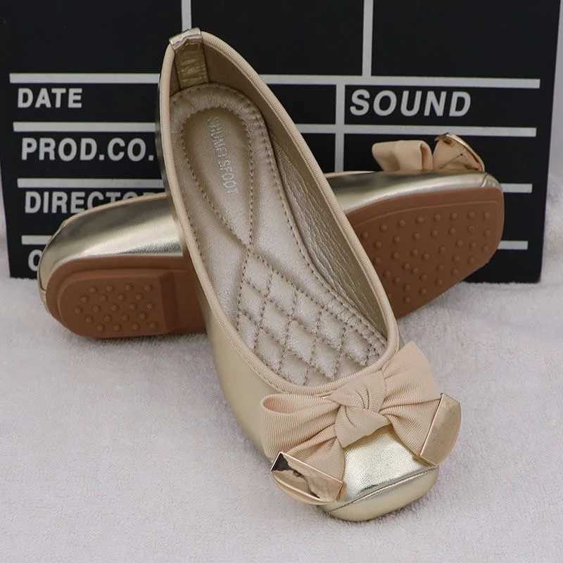 Spring/Summer Womens Ballet Flat Bottom Sweet Bow Knot Lace Brand Shoes Plus Size 41 Black Gold D069 M250506