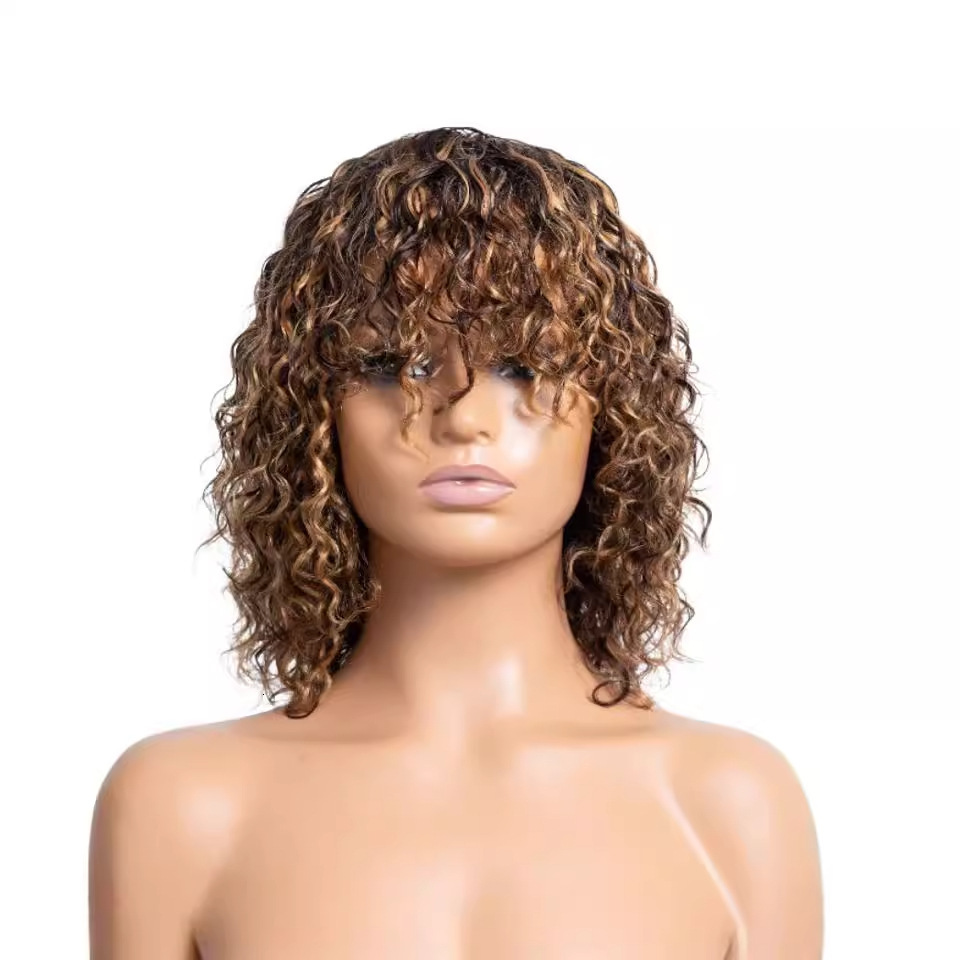 womens Wig black short curly hair with bangs small curly hair synthetic fiber full head cover