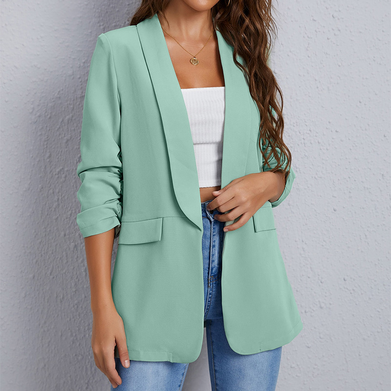 Light blue shawl collar lantern sleeve suit jacket - Women's three-quarter sleeve fake pocket design small suit Spring and summer thin temperament jacket