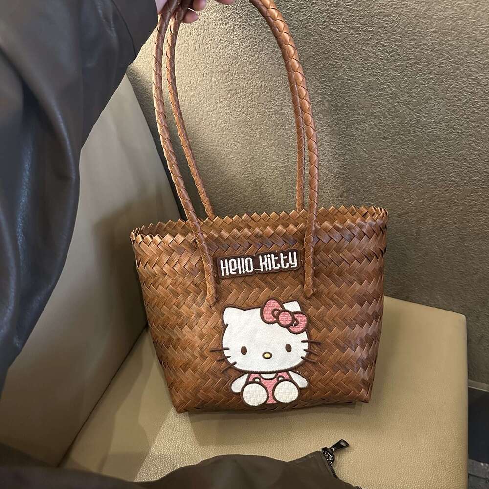 Summer Woven Bag Beach Bag Same Style Kitty Handmade Woven Wicker Basket Bag For Beach Vacation Girls Handbag KQ KQ