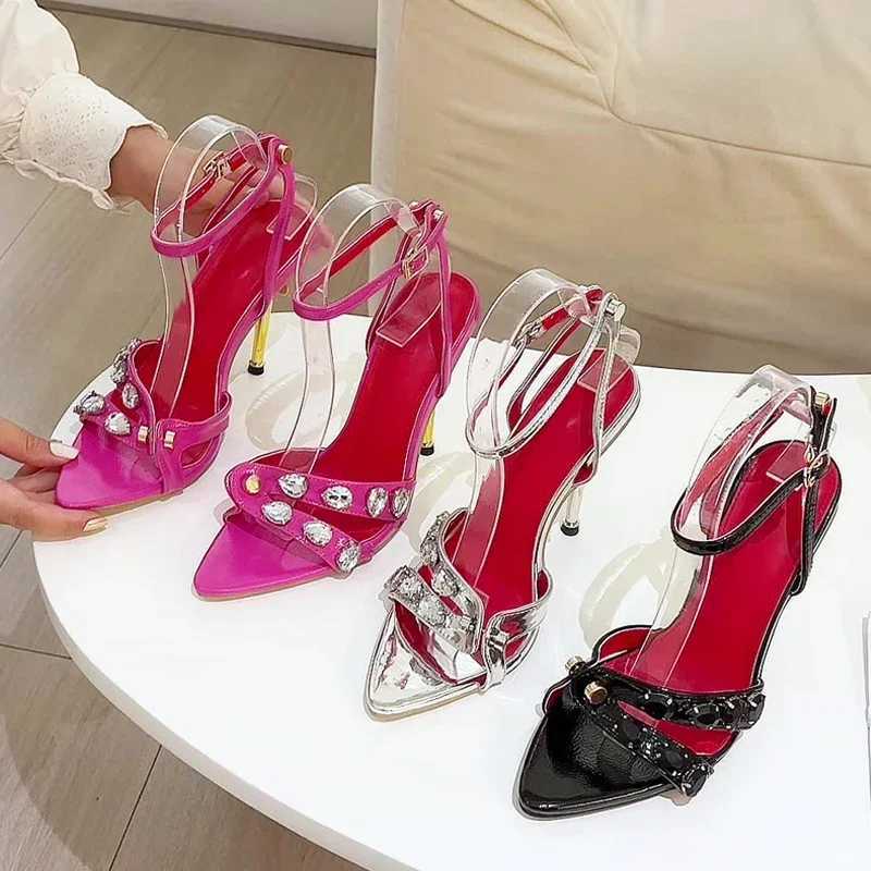 Eilyken Street Style Pointed Toe Rivet CRYSTAL Womens Sandal Design Buckle Strip Stripping Thin High Heels Summer Zapatos MUJI M250506