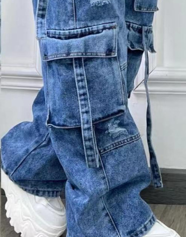 Multi Pocket Cargo Jeans Womens Wide Leg Pants Unique High Waist Mens Y2k Street Clothing Large Size Bagged Pants 241211