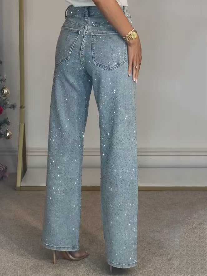 Shiny rhinestone denim womens pants full diamond womens jeans high rise pockets dragging extremely tight pants wide leg summer jeansT250319