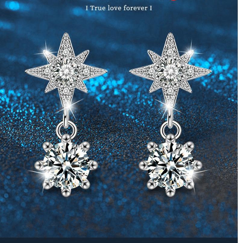 Six-Pointed Star Sterling Silver Earrings - Elegant Moissanite Jewelry - Perfect for Romantic Gifts