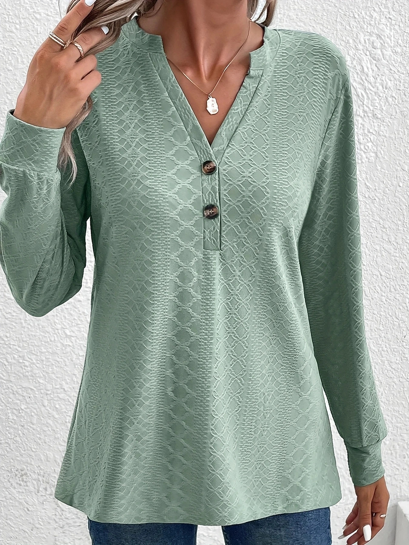 Womens Fashion Texture Solid Color Button V-neck Long Sleeve Top 250430