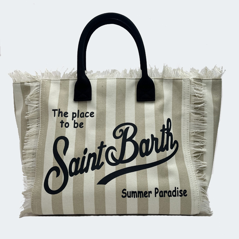 New Women's Large Capacity Casual Beach Canvas Striped Tassel Handheld Tote Bag