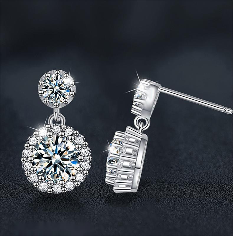 Moissanite Halo Drop Earrings for Women S925 Sterling Silver | Round Brilliant Studs with Dazzling Double Layer Design