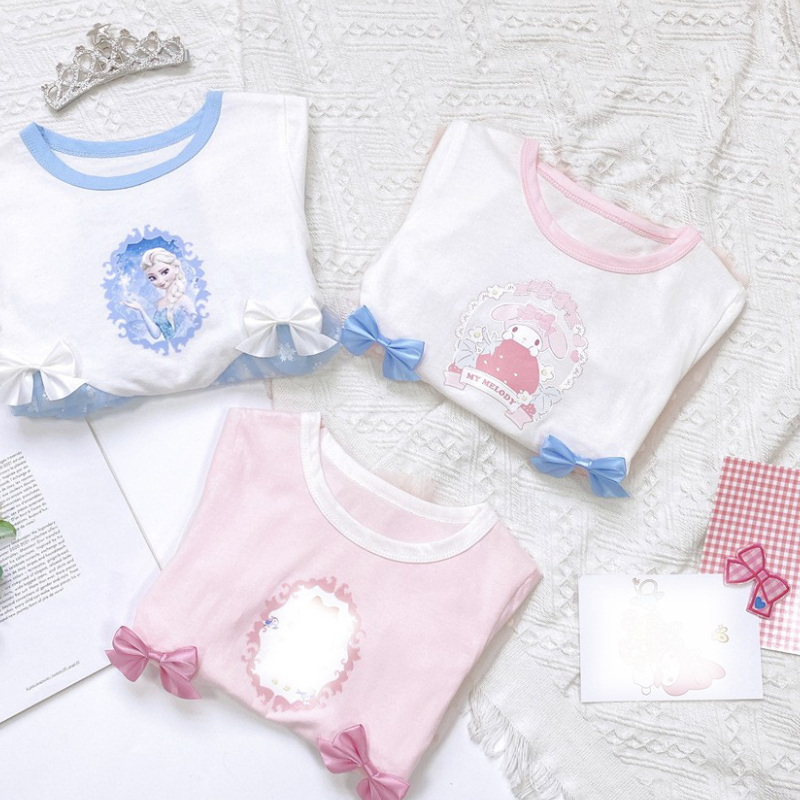 DISNEY Frozen Elsa princess kids designer clothes Summer sheer set for girl baby girl pure cotton short-sleeved two-piece set.