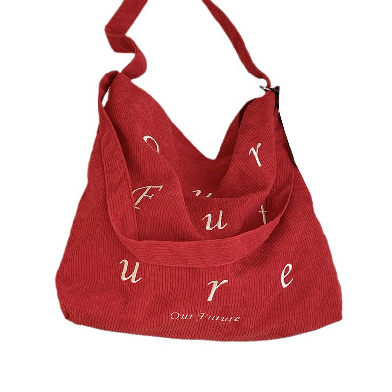 Korean version embroidered letter corduroy large bag for girls 2024 New tote bag for Students to attend classes Large-capacity crossbody bag