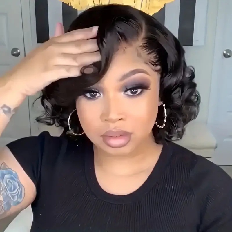 lace Front wig black slightly parted short curly hair high temperature silk fluffy synthetic fiber big wave curly hair headband
