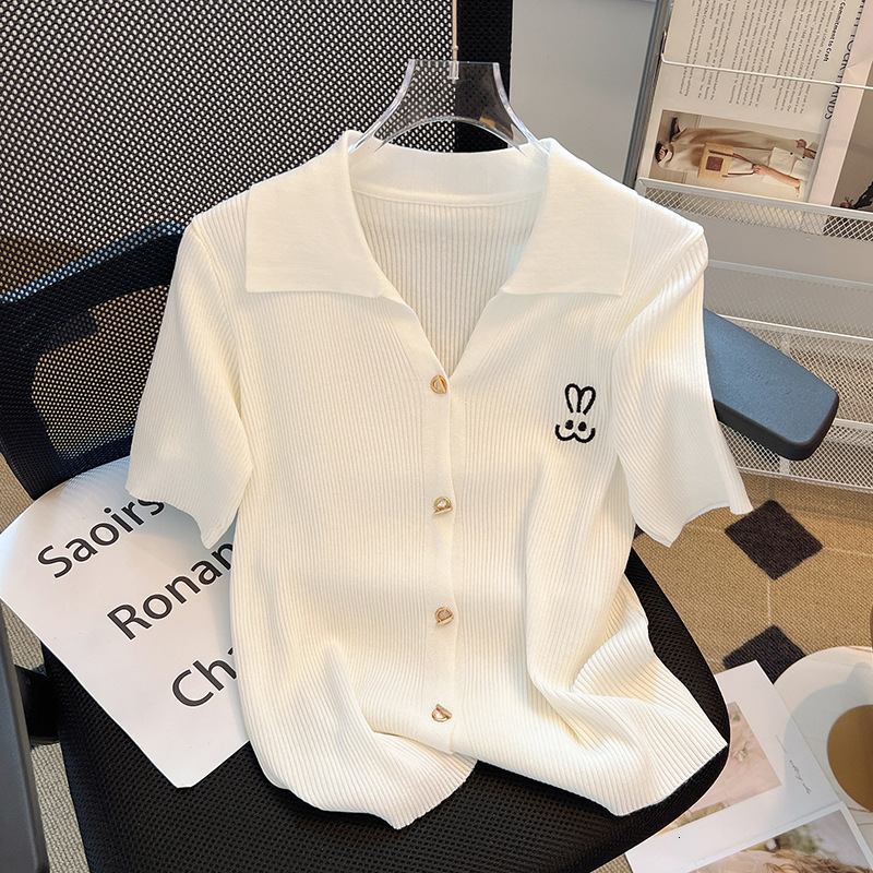 Embroidered ice silk knitted cardigan, designer short sleeved T-shirt, women's summer French luxury thin POLO collar, top designer clothing
