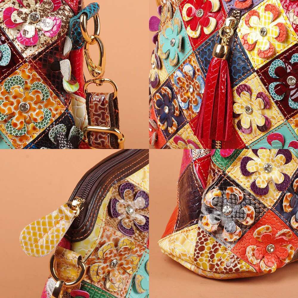 Multi-color snake pattern splicing tassel genuine leather cowhide shoulder personalized casual women's small bag